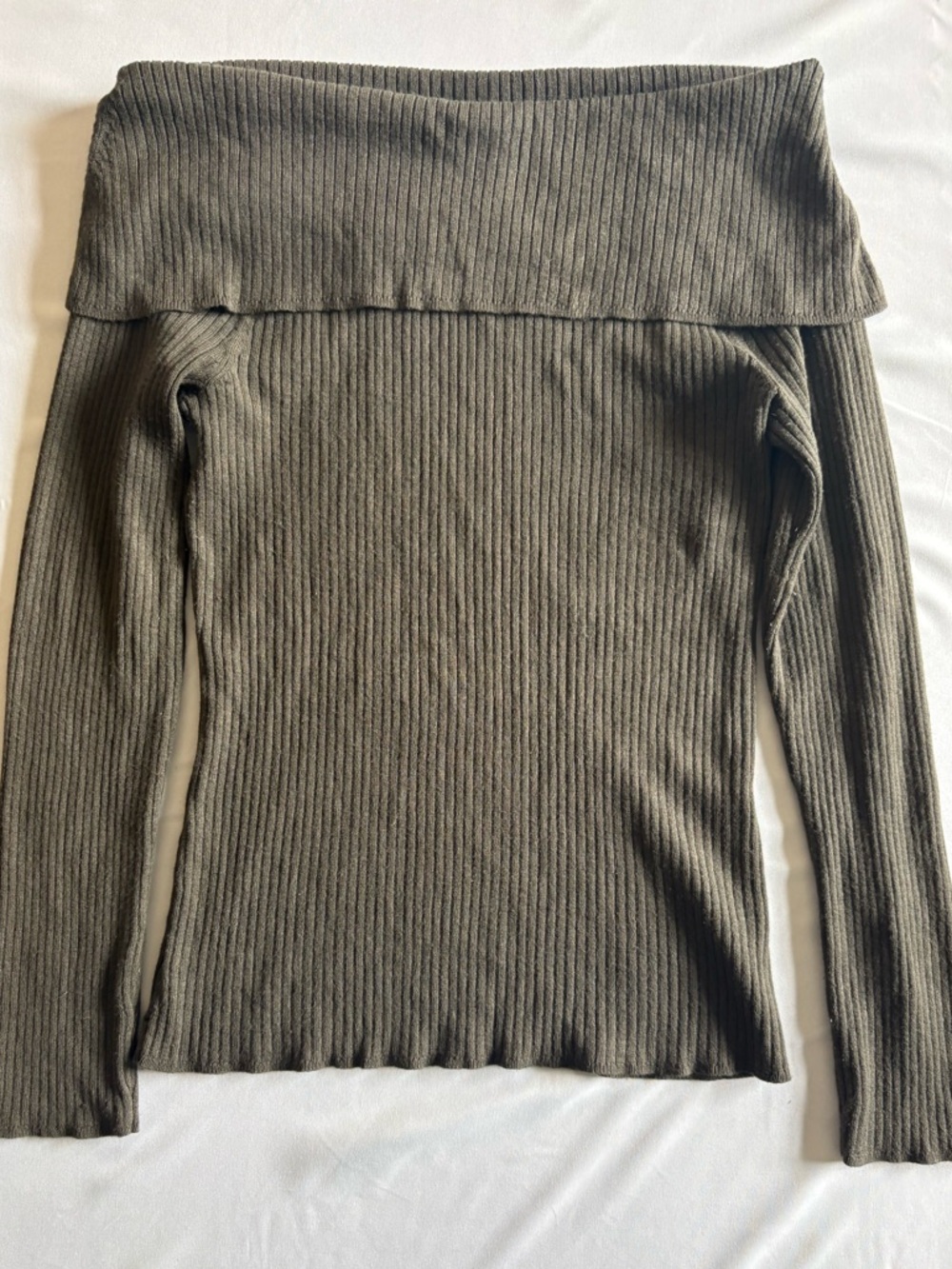 Jennifer Lopez Olive Ribbed Off Shoulder Sweater